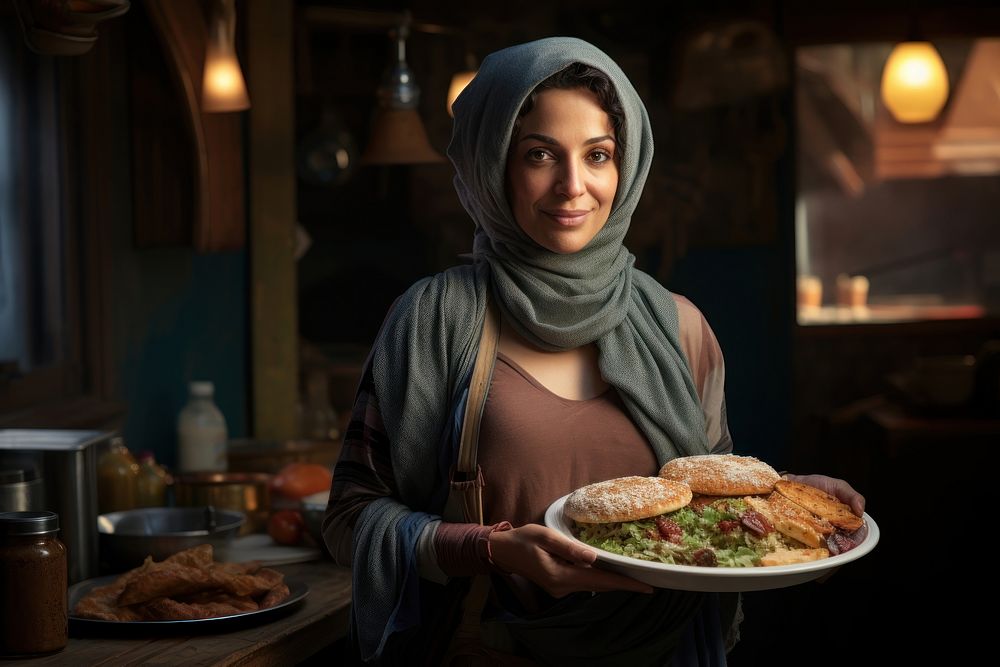 Arabian working mature woman food bread restaurant. AI generated Image by rawpixel.