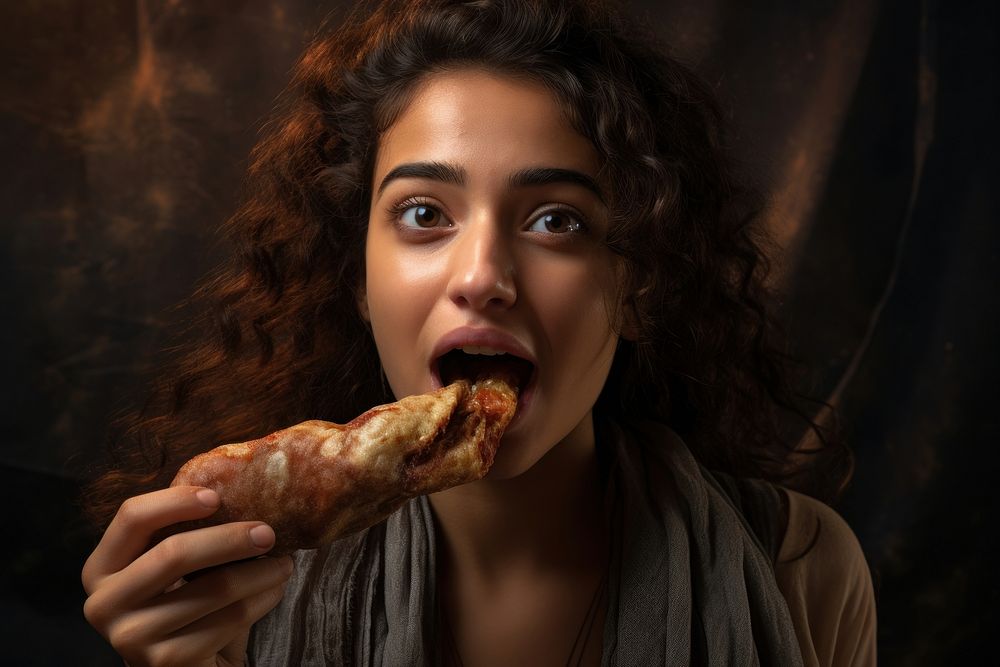 Middle eastern girl biting food eating. AI generated Image by rawpixel.