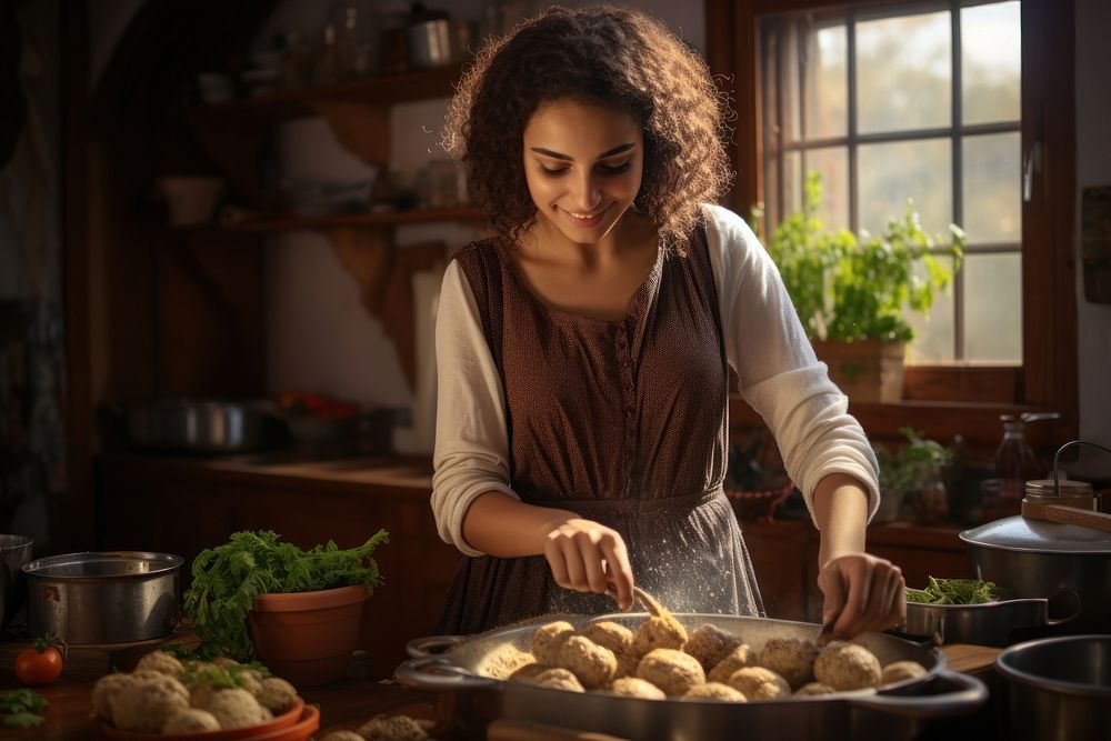 Middle eastern girl food cooking bread. AI generated Image by rawpixel.