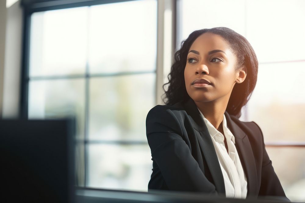 Female African American CEO office adult contemplation. AI generated Image by rawpixel.