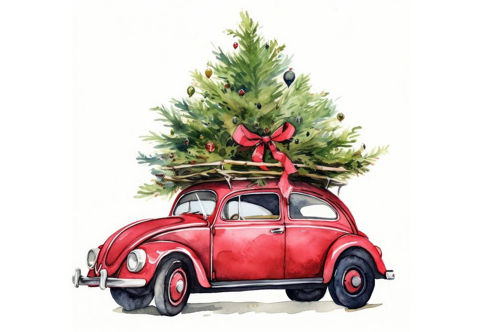 Red vintage beetle car carry christmas tree vehicle plant white background. AI generated Image by rawpixel.