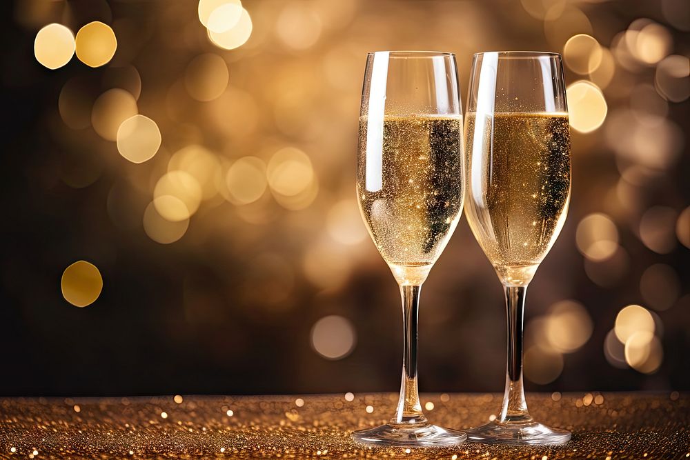 Two champagne glass drink night gold. AI generated Image by rawpixel.