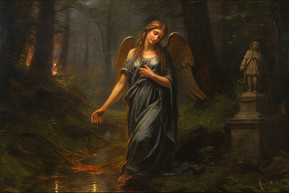 European sacred woods painting angel adult. AI generated Image by rawpixel.