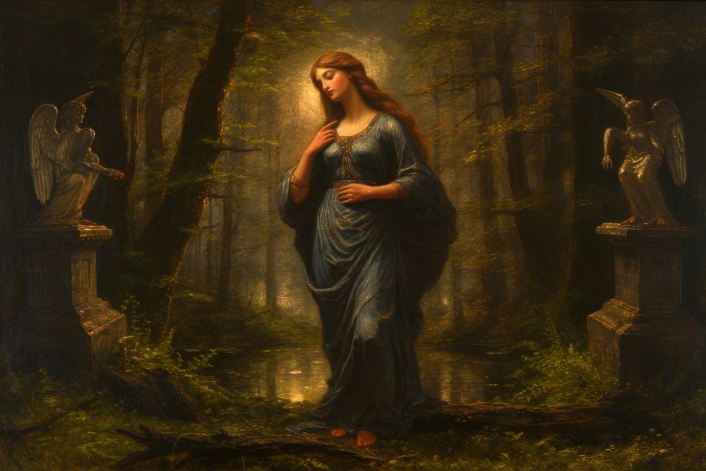 European sacred woods painting art angel. AI generated Image by rawpixel.