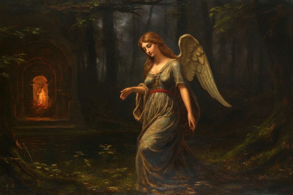 European sacred woods painting angel adult. AI generated Image by rawpixel.