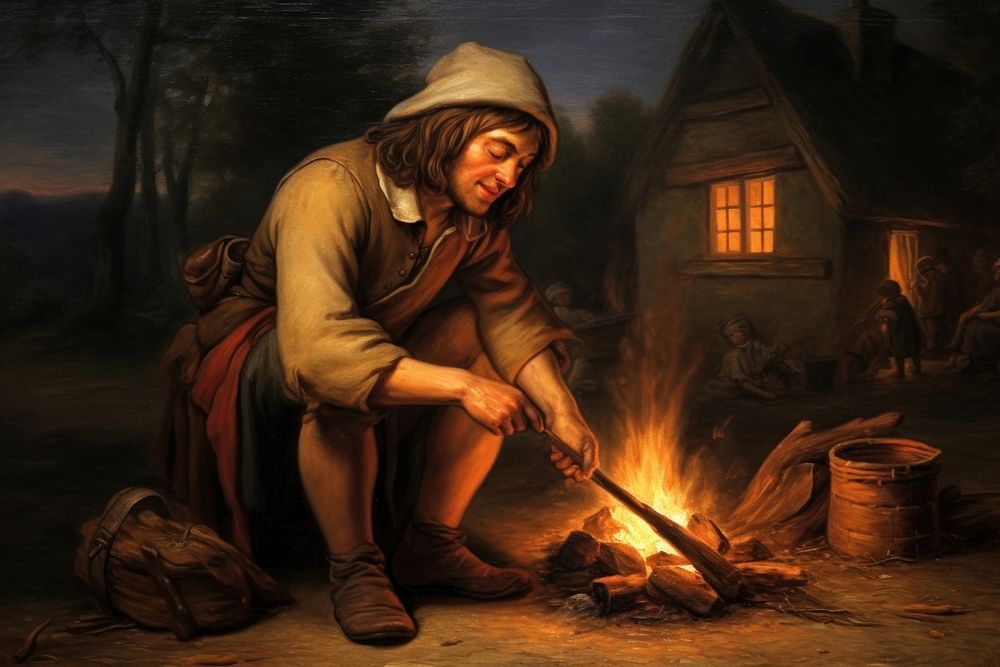 Germanic villager making bonfire painting adult spirituality. AI generated Image by rawpixel.