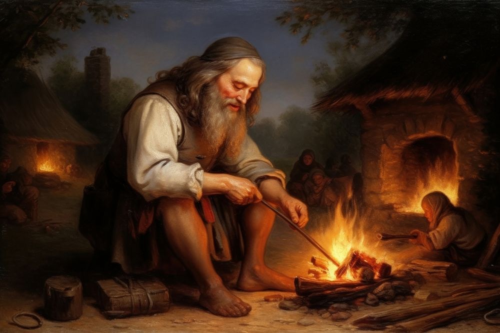 Germanic villager making bonfire painting art fireplace. AI generated Image by rawpixel.