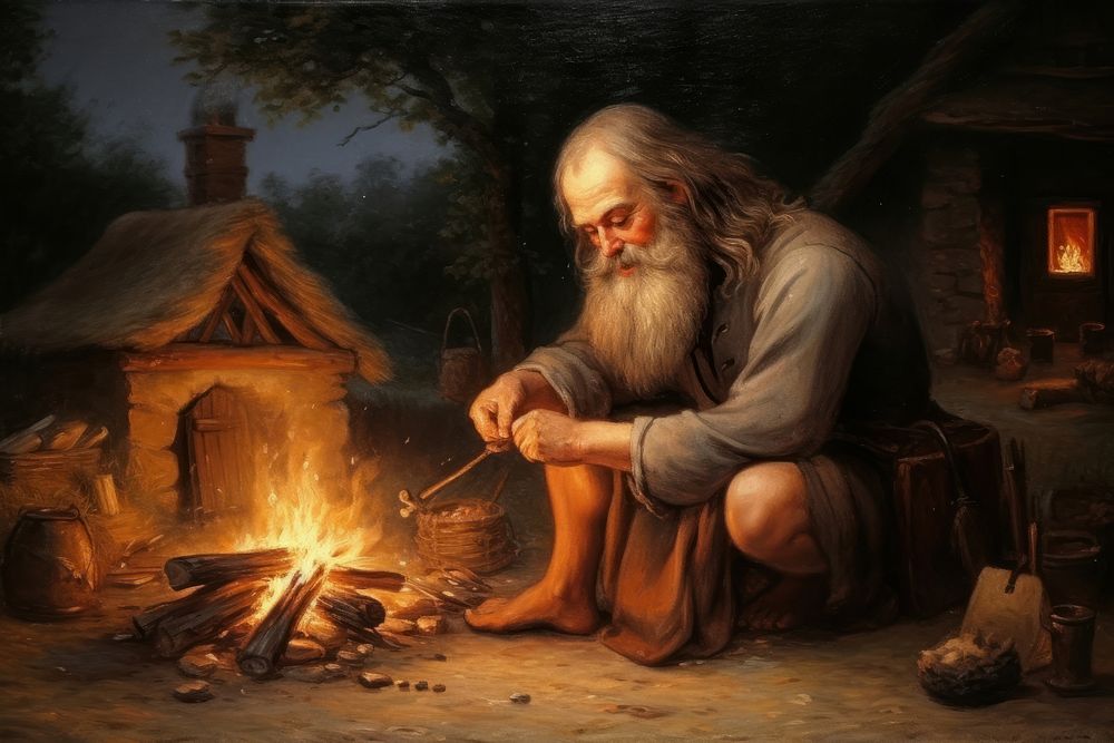 Germanic villager making bonfire fireplace adult art. AI generated Image by rawpixel.