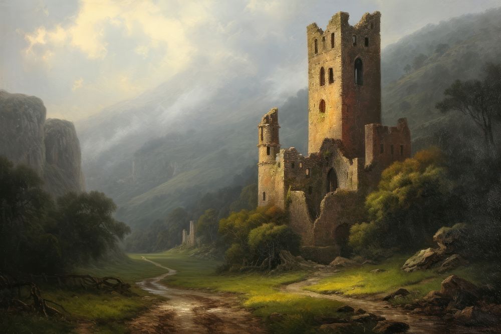 Medieval valley landscape painting architecture building. 