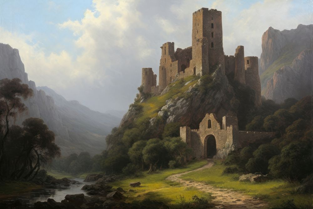 Medieval valley landscape painting architecture building. AI generated Image by rawpixel.