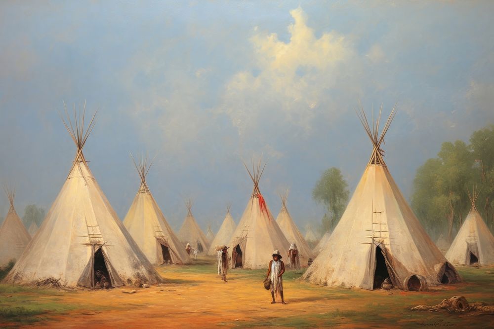 Native american village painting outdoors art. AI generated Image by rawpixel.