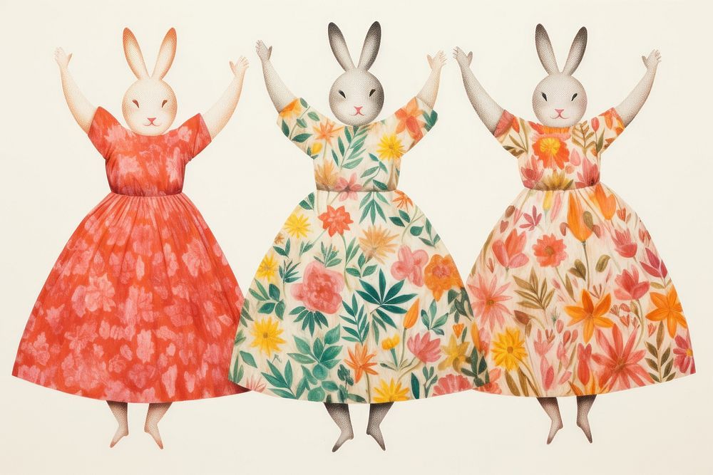 Dancing rabbits, animal paper craft illustration