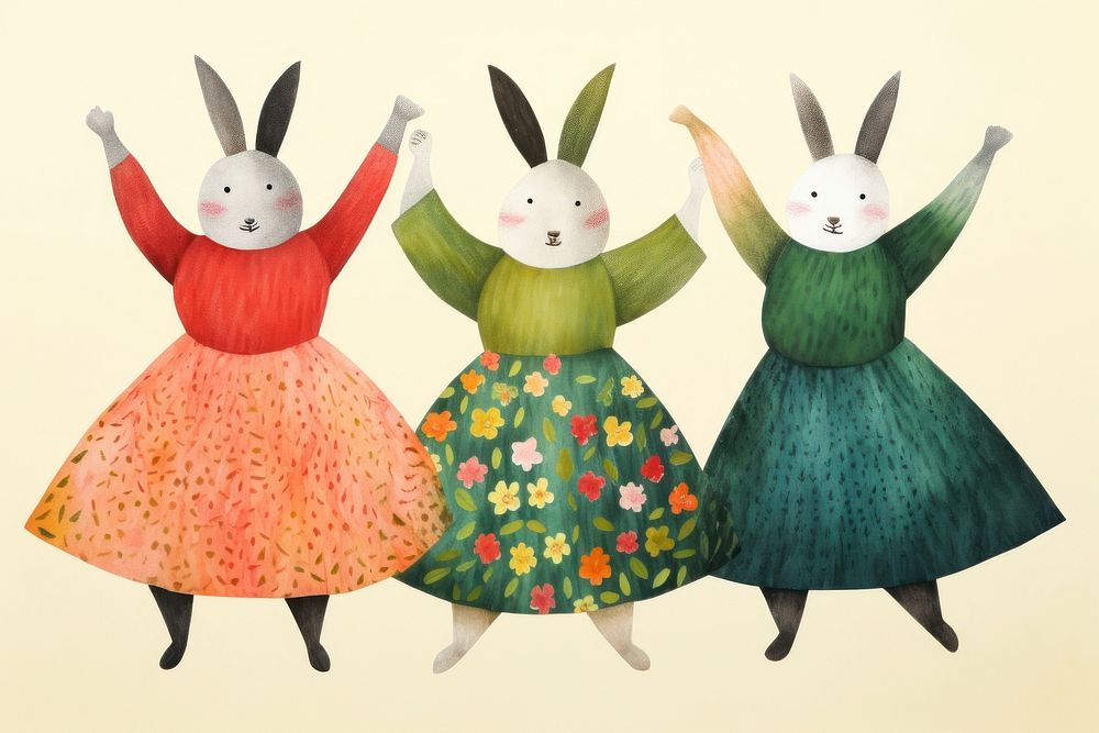 Dancing rabbits, animal paper craft illustration