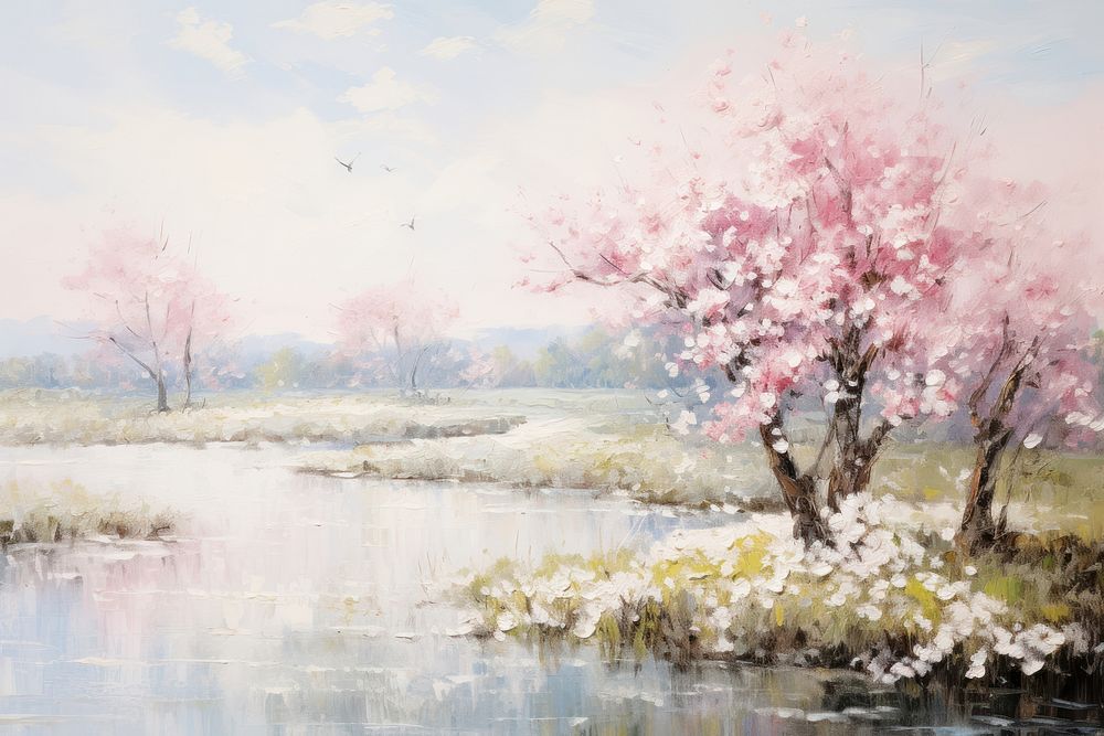 Landscape painting outdoors blossom. AI generated Image by rawpixel.