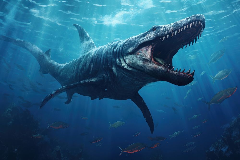 Mosasaurus swimming underwater animal shark fish. AI generated Image by rawpixel.