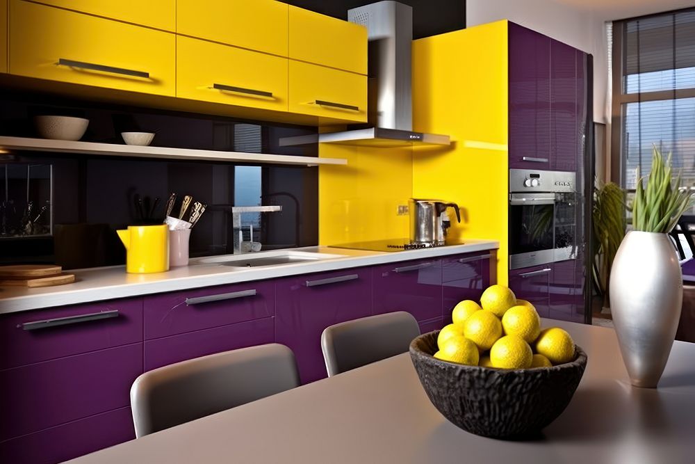 Modern kitchen furniture yellow purple. AI generated Image by rawpixel.