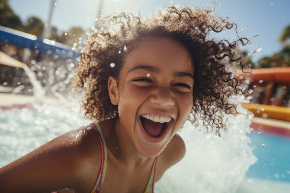 Girl playing in water park summer laughing portrait. AI generated Image by rawpixel.