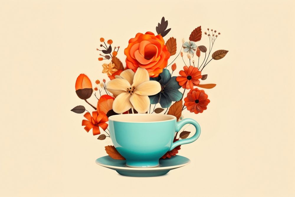 PNG Flower cup saucer coffee. AI generated Image by rawpixel.
