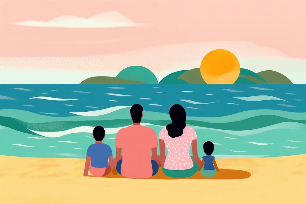 Family beach, paper craft illustration