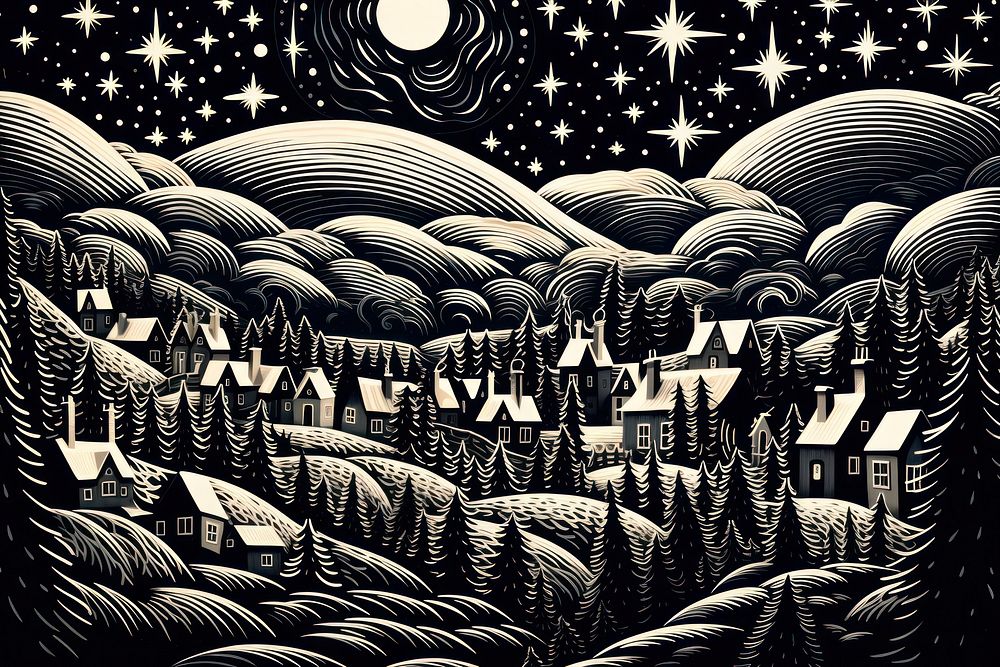 Silent night village backgrounds drawing black. AI generated Image by rawpixel.