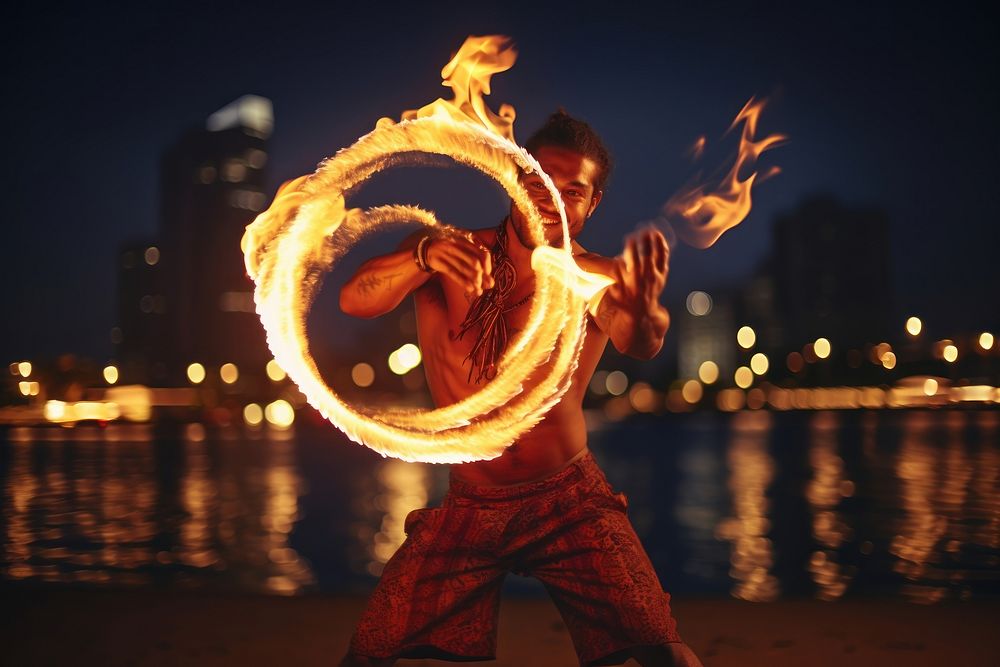 Polynesian man showing Fire Dancing dancing outdoors night. AI generated Image by rawpixel.