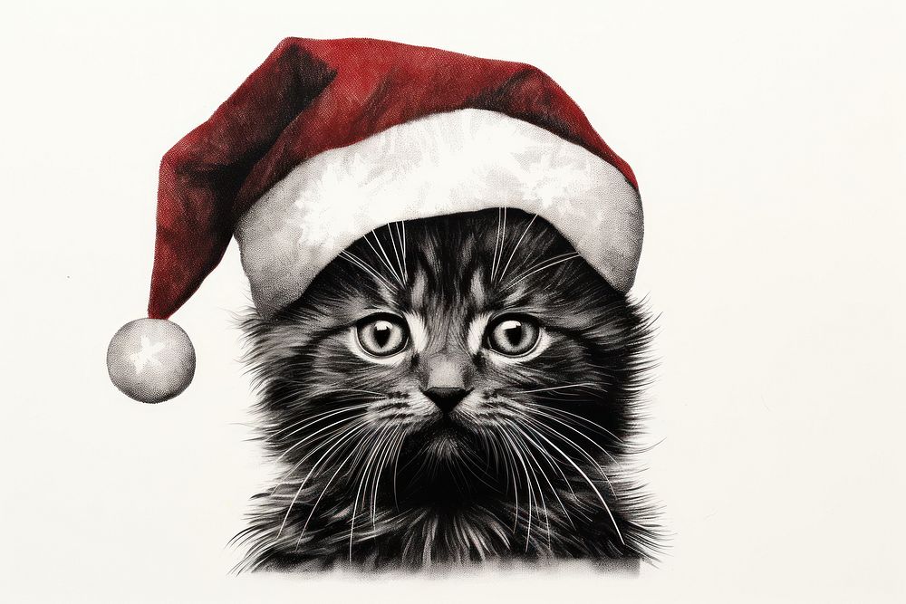 Cat wearing a Santa hat portrait drawing mammal. AI generated Image by rawpixel.