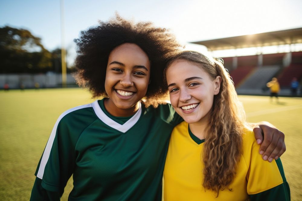 Diverse teen women wearing football team outfit portrait smiling smile. AI generated Image by rawpixel.