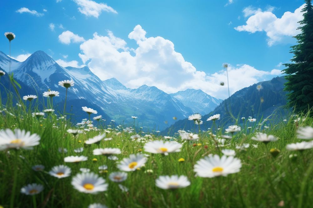 Flower field sky landscape grassland. AI generated Image by rawpixel.