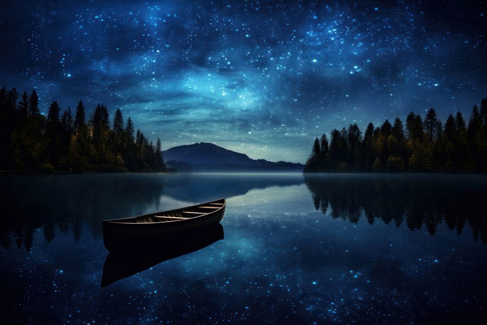 Night lake boat landscape. AI generated Image by rawpixel.