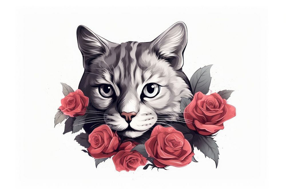 Vintage cat rose drawing flower. AI generated Image by rawpixel.
