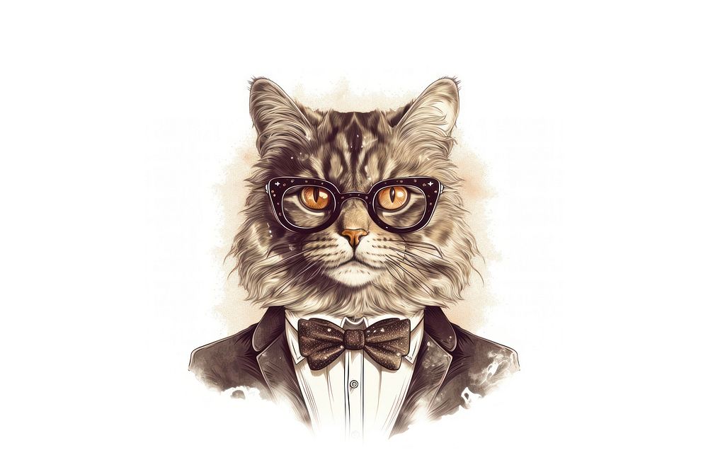 Vintage cat portrait glasses drawing. AI generated Image by rawpixel.