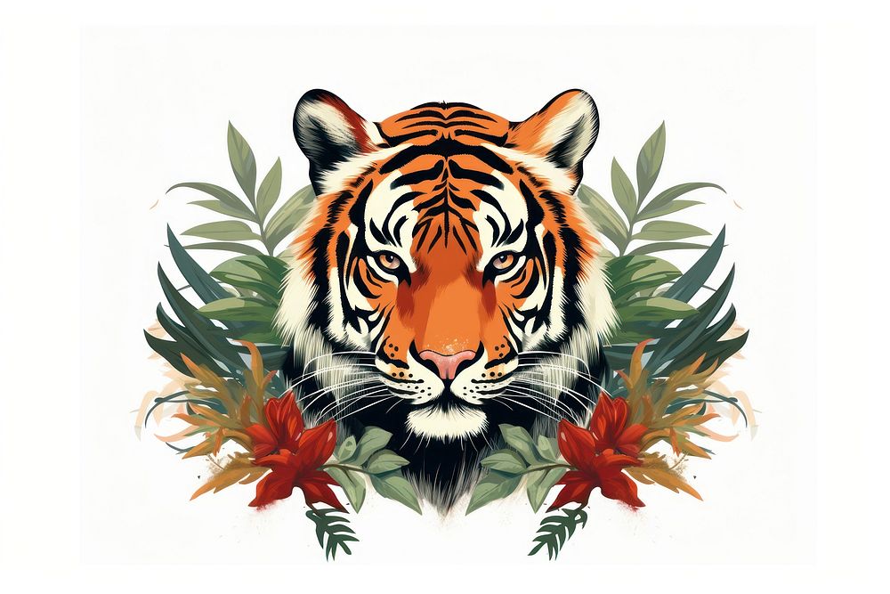 Vintage tiger animal plant white background. AI generated Image by rawpixel.