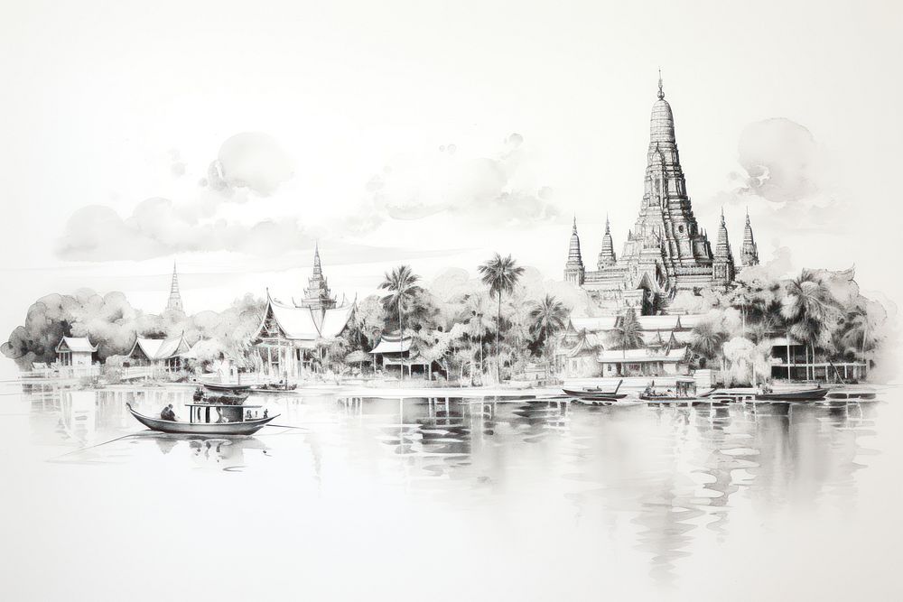 Wat arun sketch landscape drawing. AI generated Image by rawpixel.