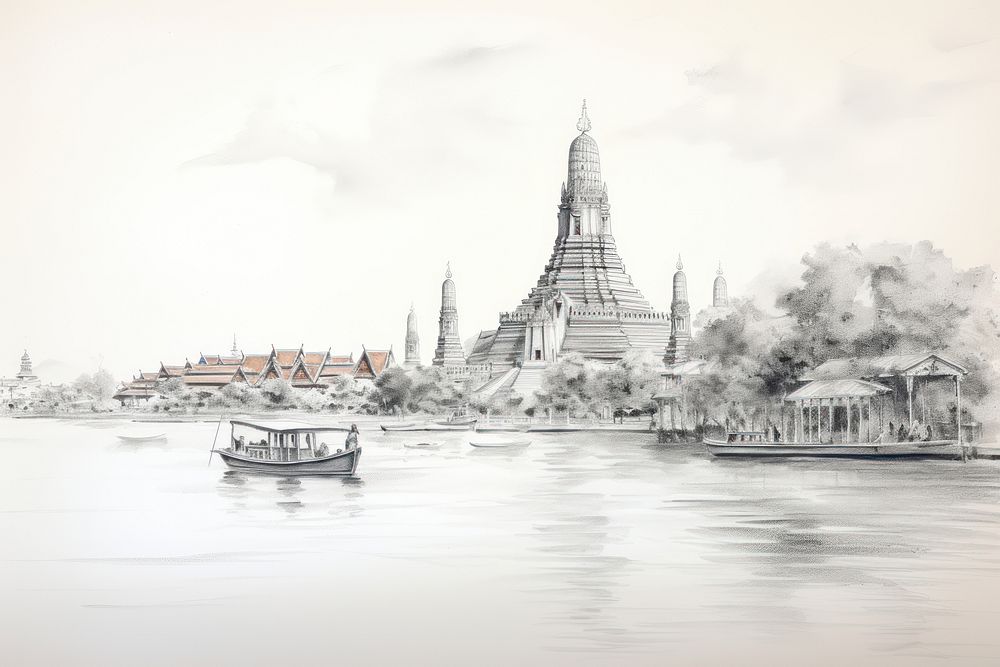 Wat arun sketch architecture landscape. AI generated Image by rawpixel.