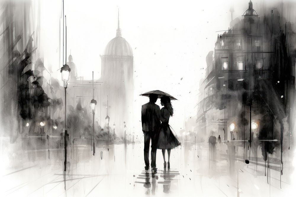Raining city sketch outdoors drawing. AI generated Image by rawpixel.