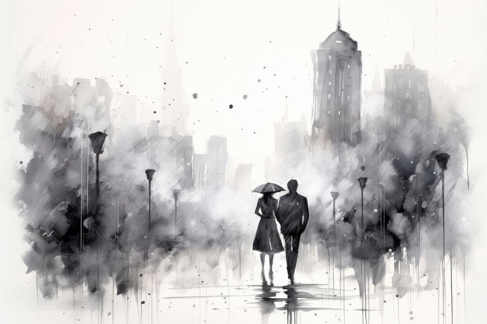 Raining city sketch outdoors drawing. AI generated Image by rawpixel.