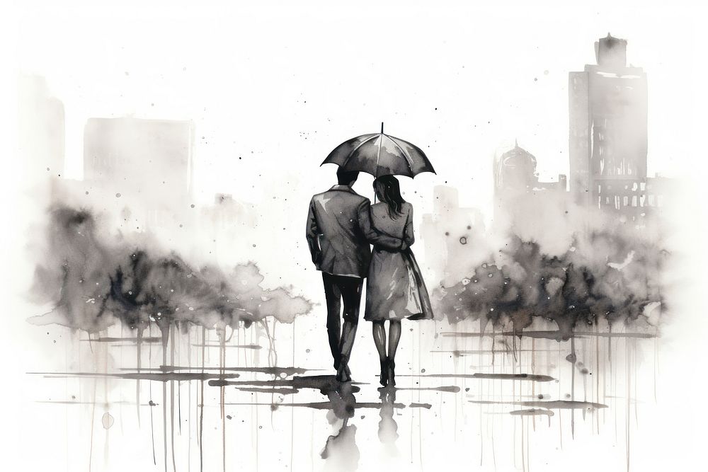 Raining city sketch adult togetherness. AI generated Image by rawpixel.