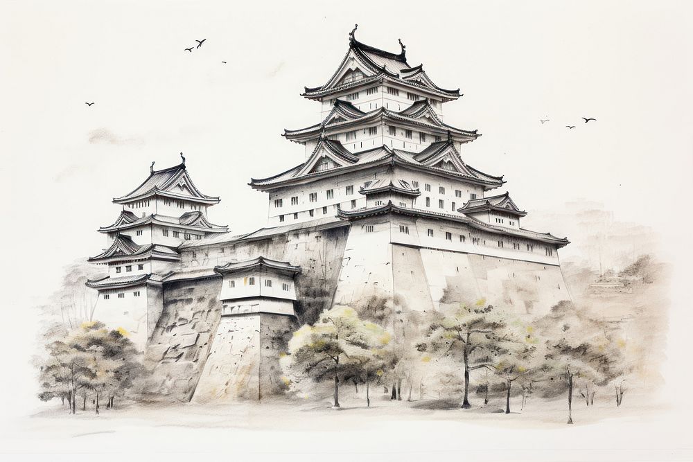 Himeji castle sketch architecture building. Free Photo Illustration rawpixel