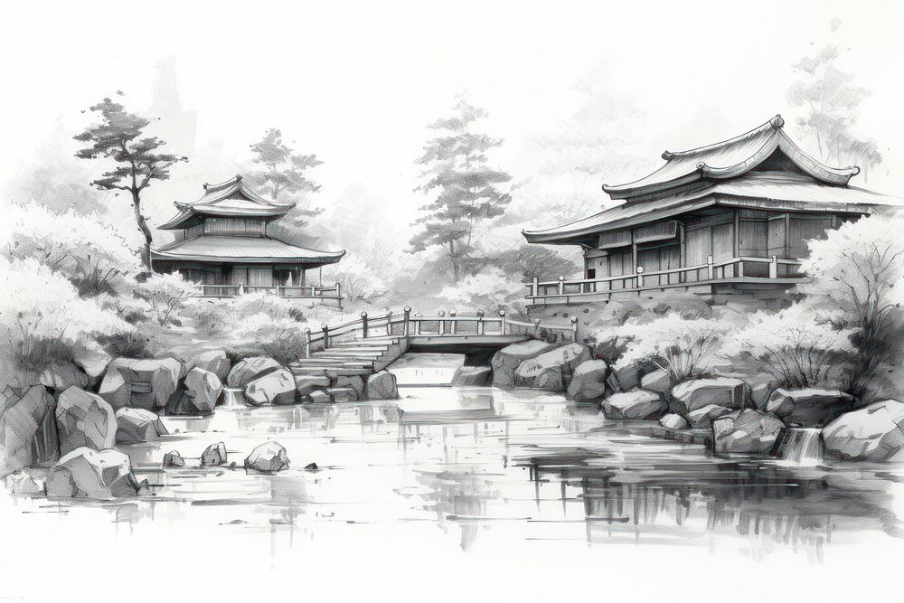 Japan house style sketch drawing architecture. AI generated Image by rawpixel.