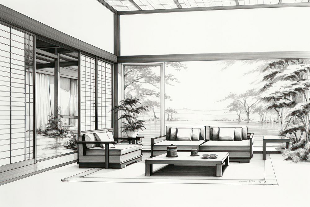 Japan style interior sketch architecture furniture. AI generated Image by rawpixel.