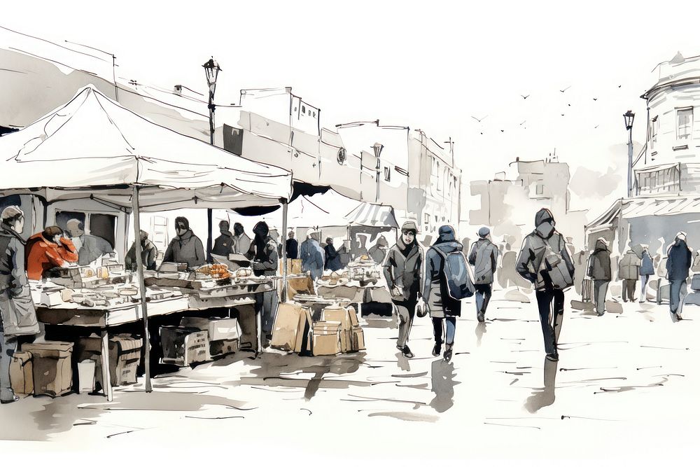 London street market bazaar sketch people. AI generated Image by rawpixel.