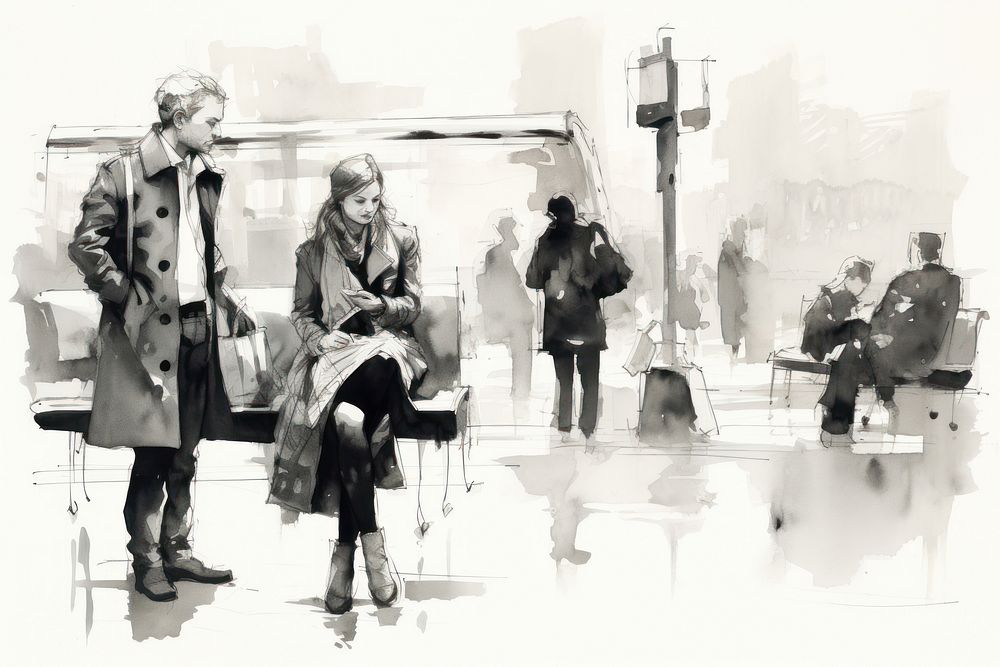 People waiting sketch adult togetherness. AI generated Image by rawpixel.