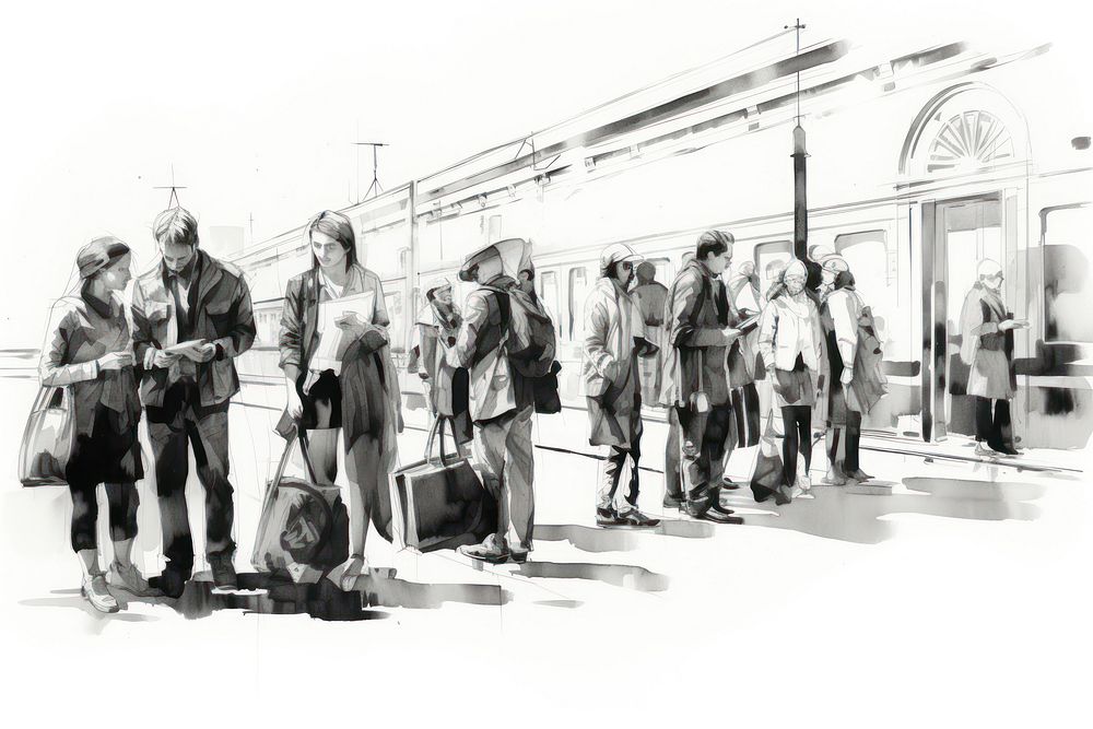 Peoples waiting sketch adult train. AI generated Image by rawpixel.