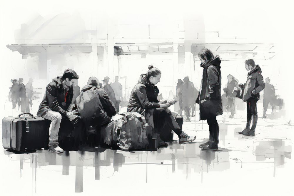 Peoples waiting suitcase luggage sketch. AI generated Image by rawpixel.