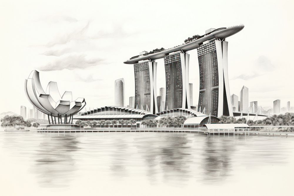 Singapore landmark sketch architecture cityscape. AI generated Image by rawpixel.