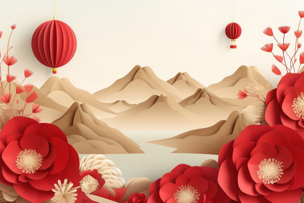 Chinese new year greeting card flower mountain lantern. AI generated Image by rawpixel.