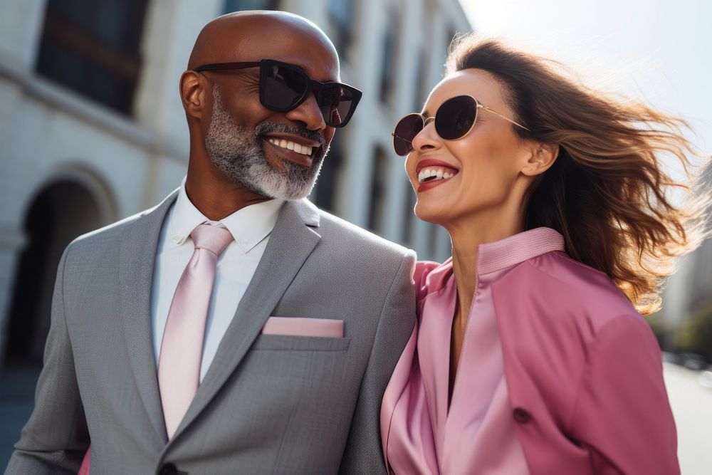 Bride and groom walking together sunglasses laughing blazer. AI generated Image by rawpixel.