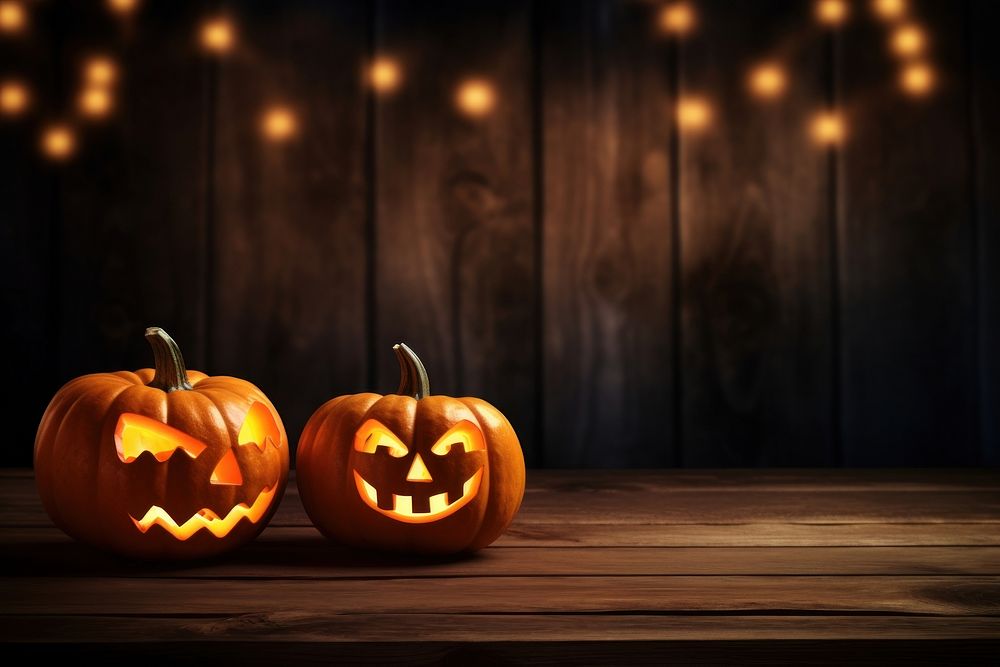 Pumpkins on wood floo halloween pumpkin anthropomorphic. AI generated Image by rawpixel.