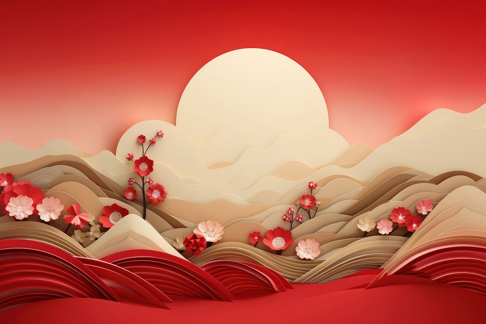 Chinese new year greeting card mountain flower plant. AI generated Image by rawpixel.