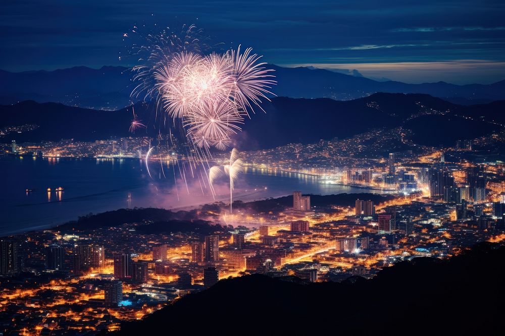 New years celebrate fireworks night city. AI generated Image by rawpixel.